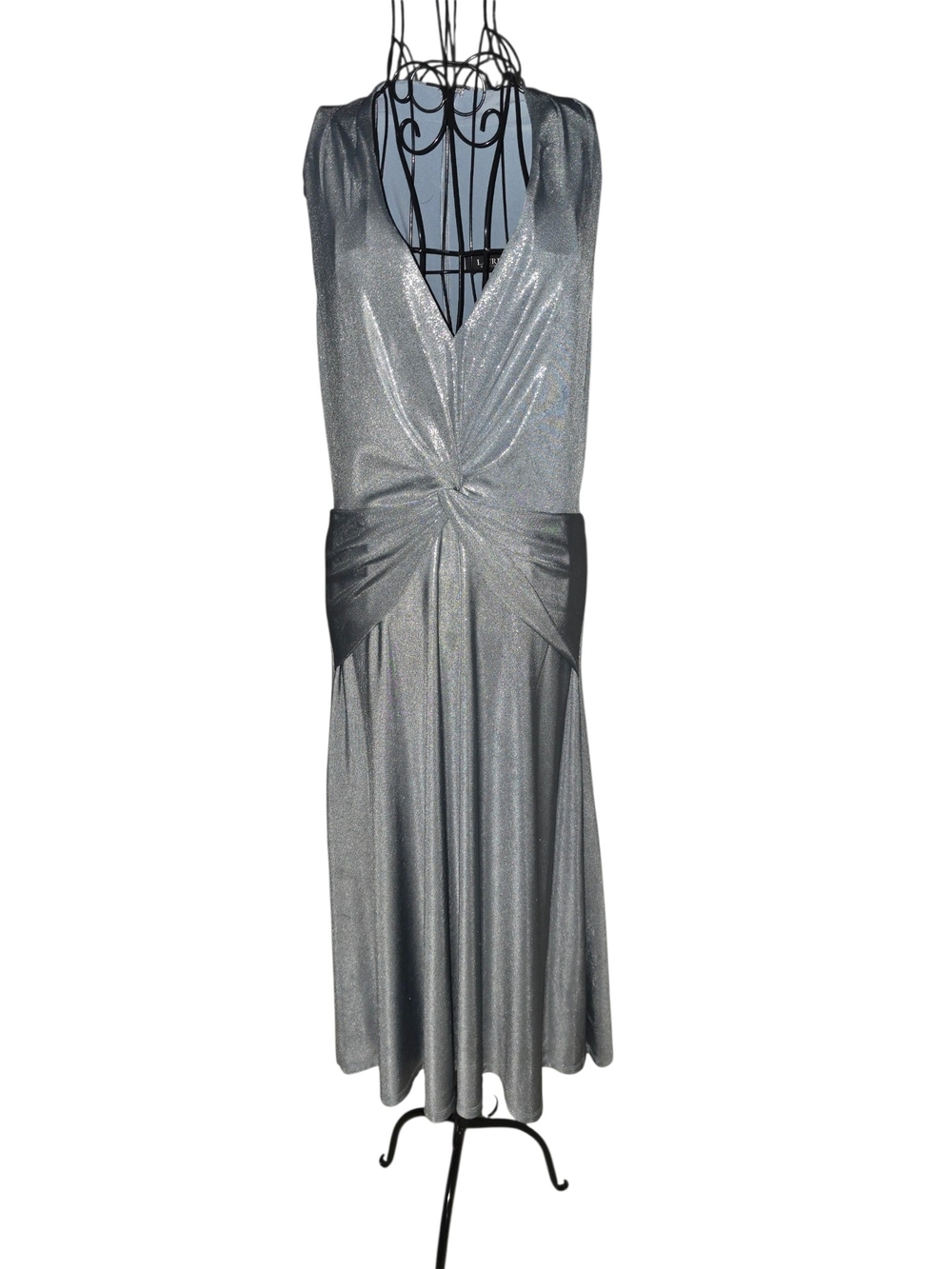 Lauren by Ralph Lauren Metallic Silver Twist-Waist Maxi Dress